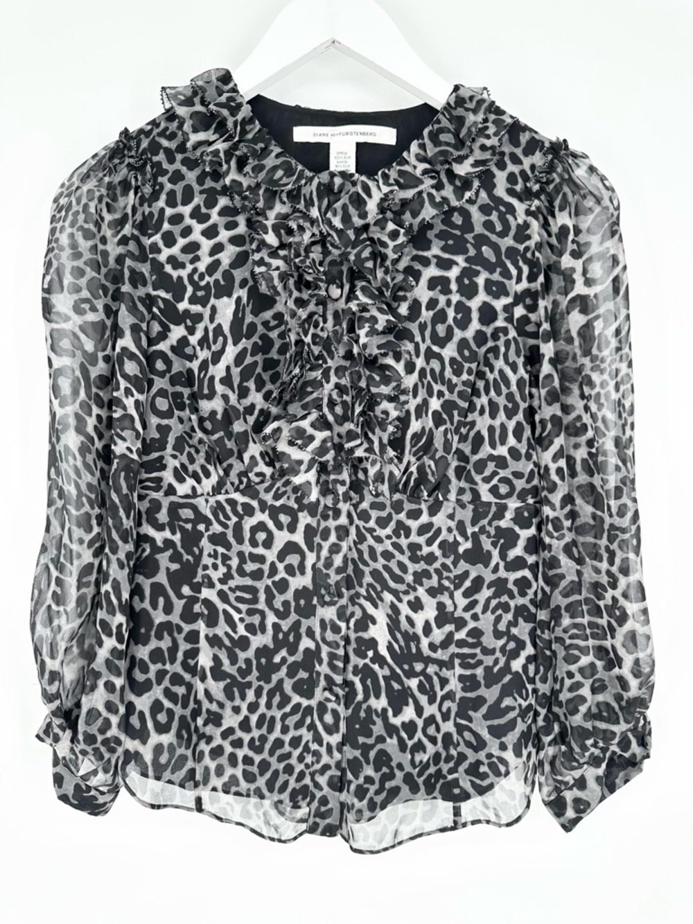 Diane Von Furstenberg Mckenna Leopard Animal Print Silk Ruffle Shirt Blouse